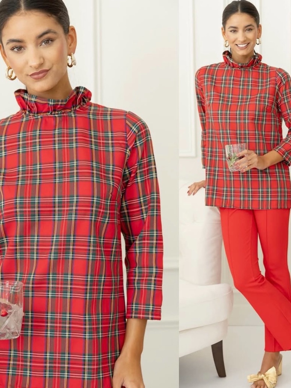 Tartan Red -Sz L- Plaid Bow Back Top - Picture 2 of 13